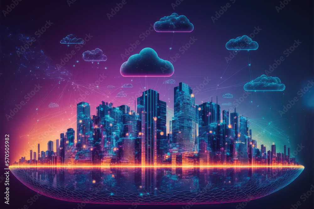 Futuristic smart city internet network connection through wireless system. Peculiar AI generative im