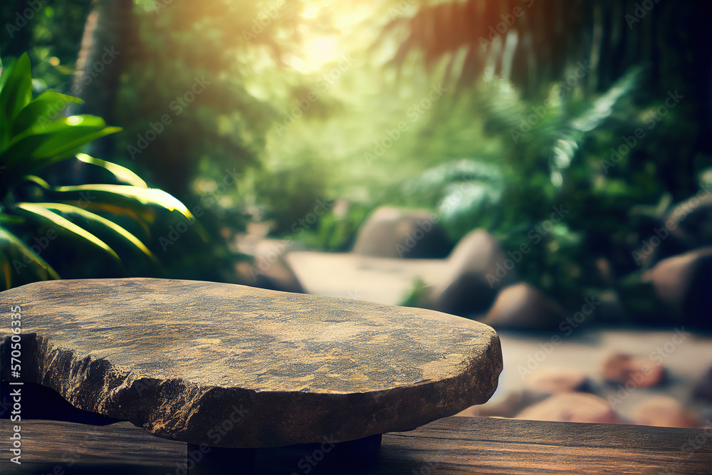 Empty stone table for product advertising display in fresh green jungle blur background . Admirable 