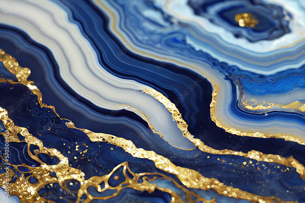 Abstract art background with a fluid marble blue and gold texture. Splendid generative AI luxury abs