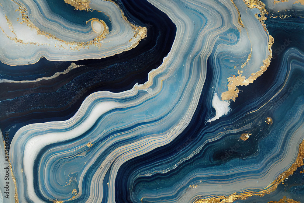 Abstract art background with a fluid marble blue and gold texture. Splendid generative AI luxury abs