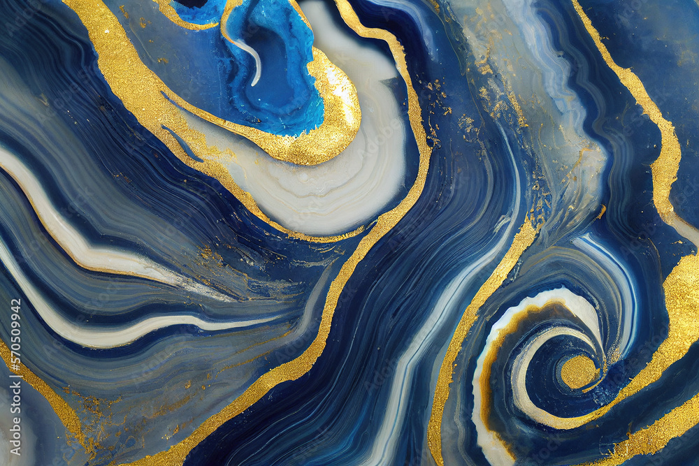 Abstract art background with a fluid marble blue and gold texture. Splendid generative AI luxury abs