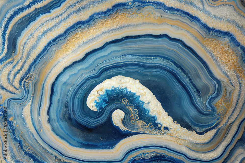 Abstract art background with a fluid marble blue and gold texture. Splendid generative AI luxury abs