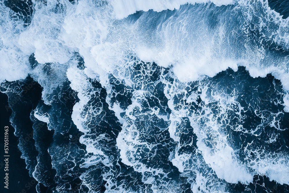 Spectacular aerial top view background photo of ocean sea water white wave splashing in the deep sea