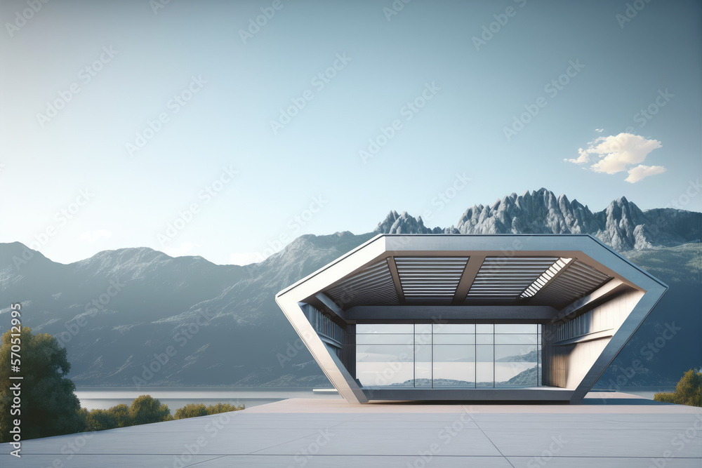 Futuristic architecture of modern hall entrance facade on high mountain top scenery with empty outdo