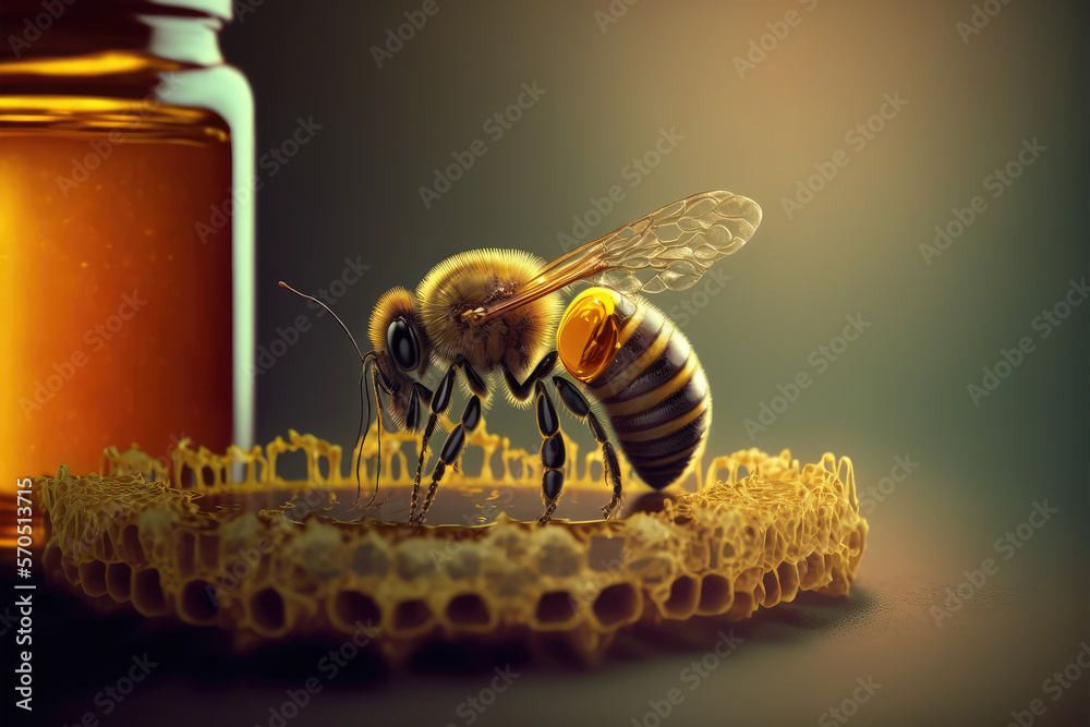 Bee and honey from close up view of nature insect. Peculiar AI generative image.