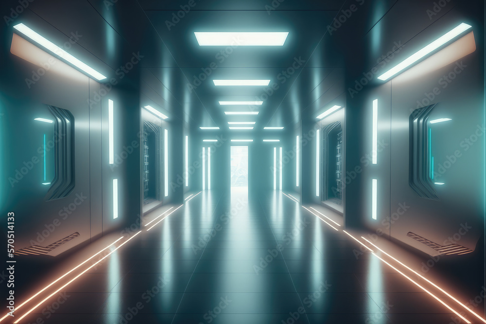 Empty sci-fi futuristic room of spaceship with blue light decoration . Super modern interior design.