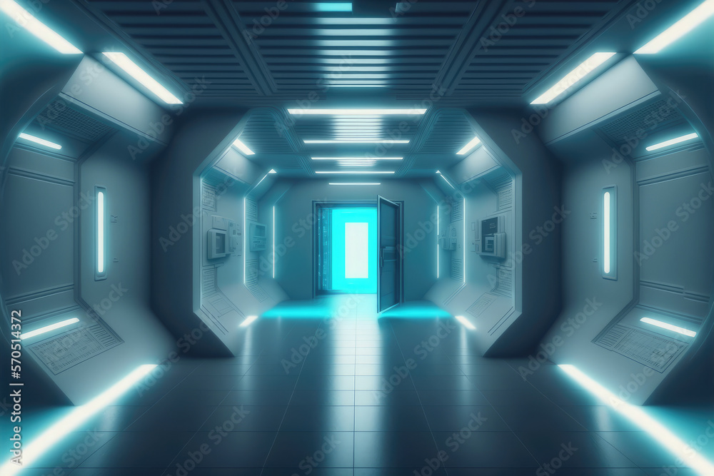 Empty sci-fi futuristic room of spaceship with blue light decoration . Super modern interior design.