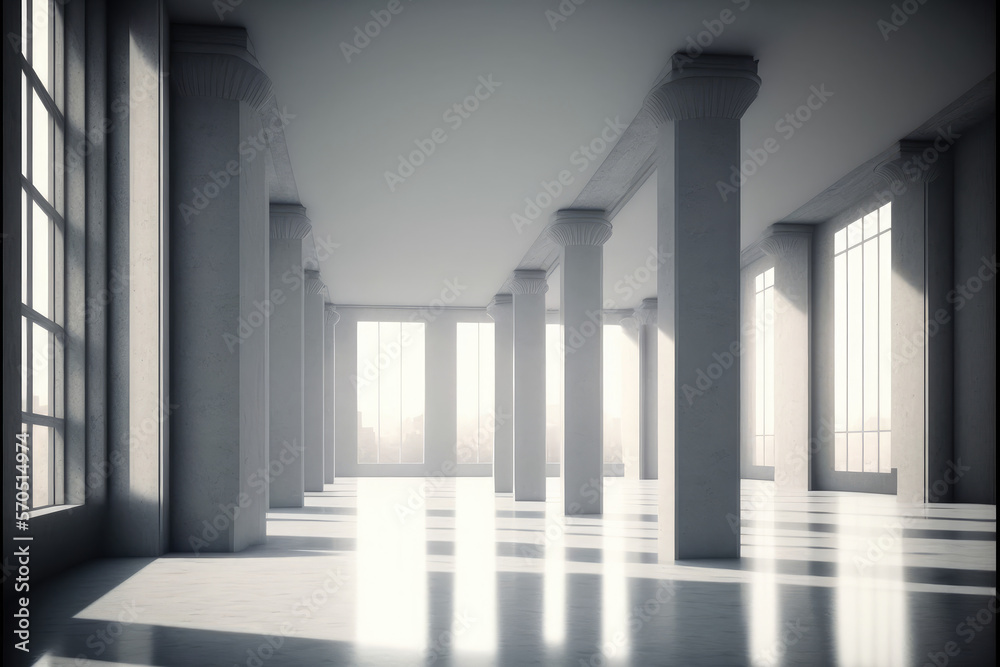 Large hall corridor inside office building background. Peculiar AI generative image.