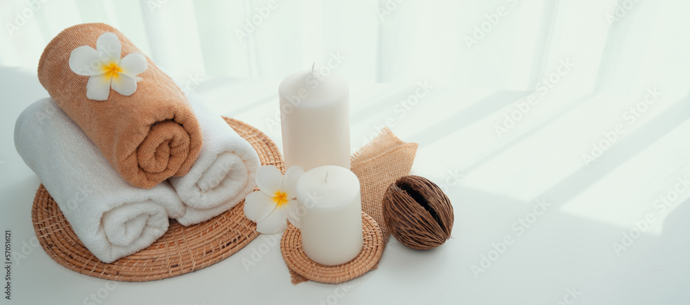 Spa accessory composition set in day spa hotel , beauty wellness center . Spa product are placed in 