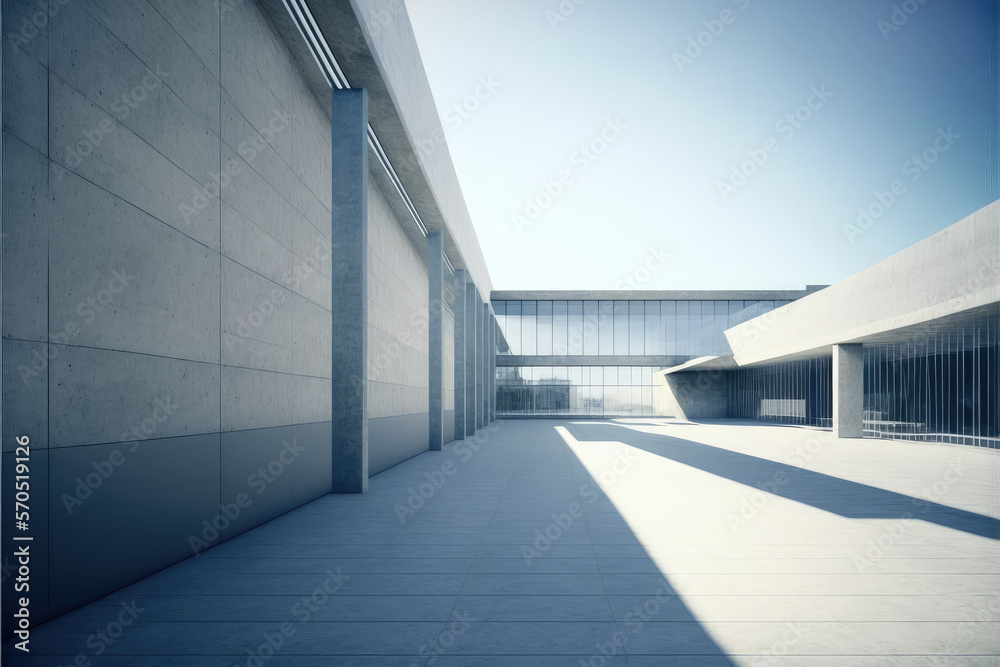 Modern architecture exterior of public hall entrance in urban building outdoor under bright sky with