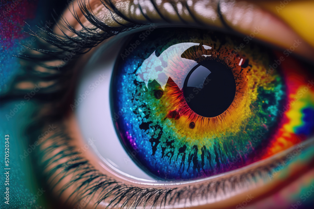 Close up view of female eye with multicolored eyeball and colorful makeup powder. Peculiar AI genera