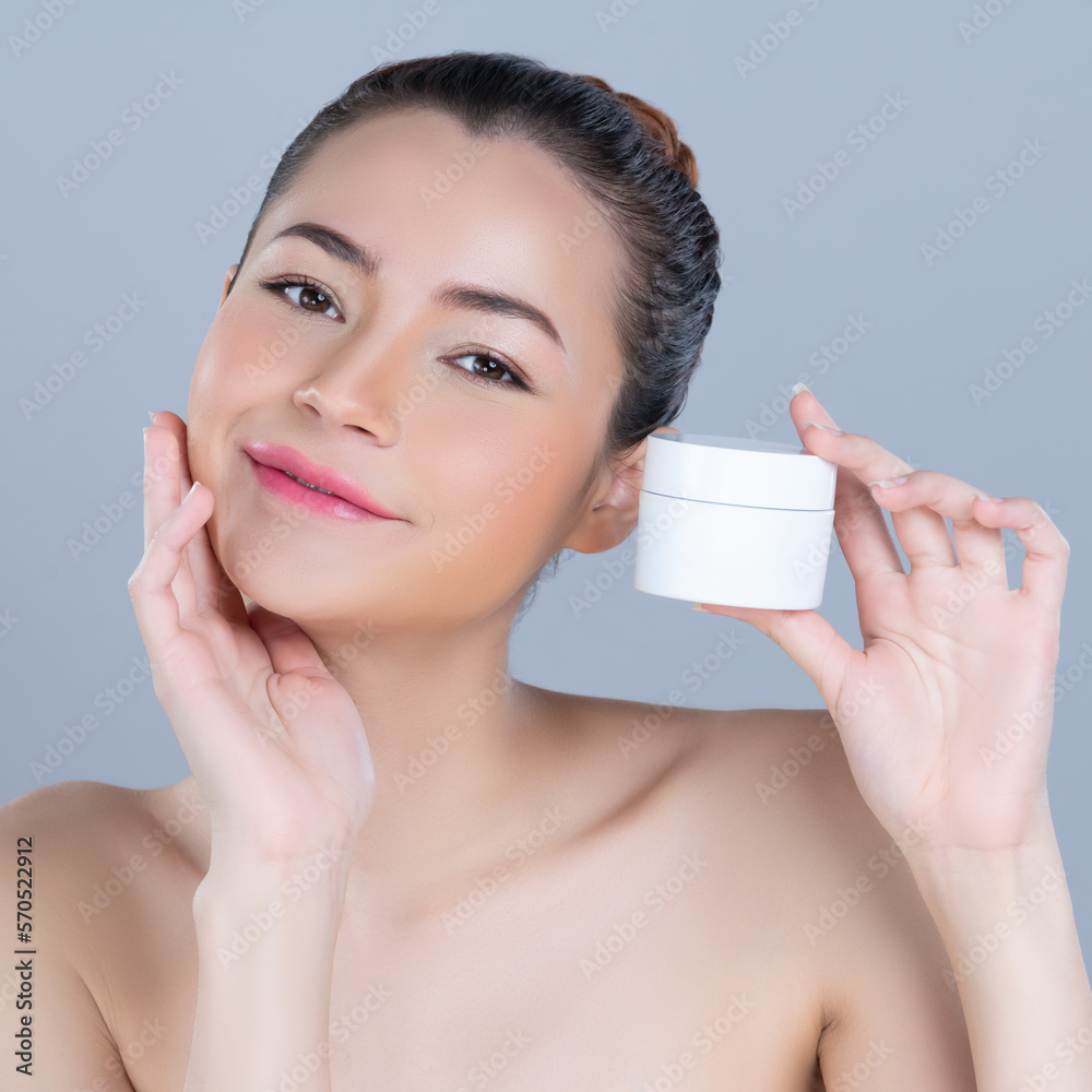 Glamorous beautiful perfect cosmetic skin with soft makeup woman portrait hold mockup jar cream or m