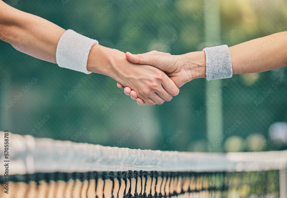 Hand, tennis and handshake for partnership, trust or greeting in sportsmanship over net on the court