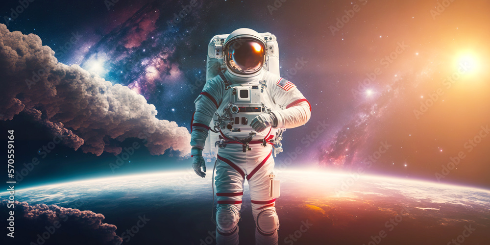 Portrait of astronaut floating in space with a planet behind. Generative AI.