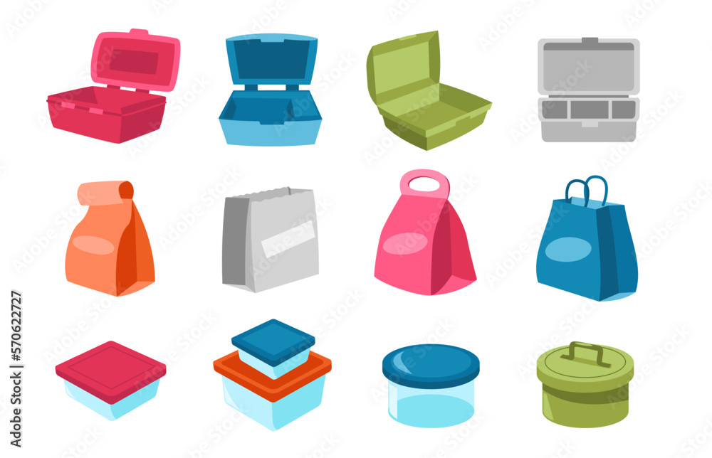 Lunchbox collection. Cartoon containers, disposable paper bags and plastic storage for snacks meal h