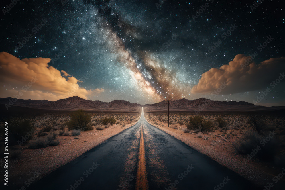 American road with milky way, USA route at night, stary sky concept art, generative ai