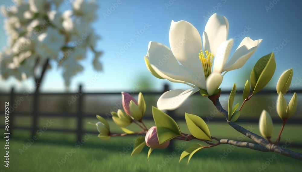  a white flower is blooming on a tree branch in a fenced in area with green grass and a blue sky in 