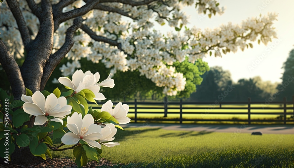  a painting of a tree with white flowers in front of a fence and a grassy field with sheep grazing i