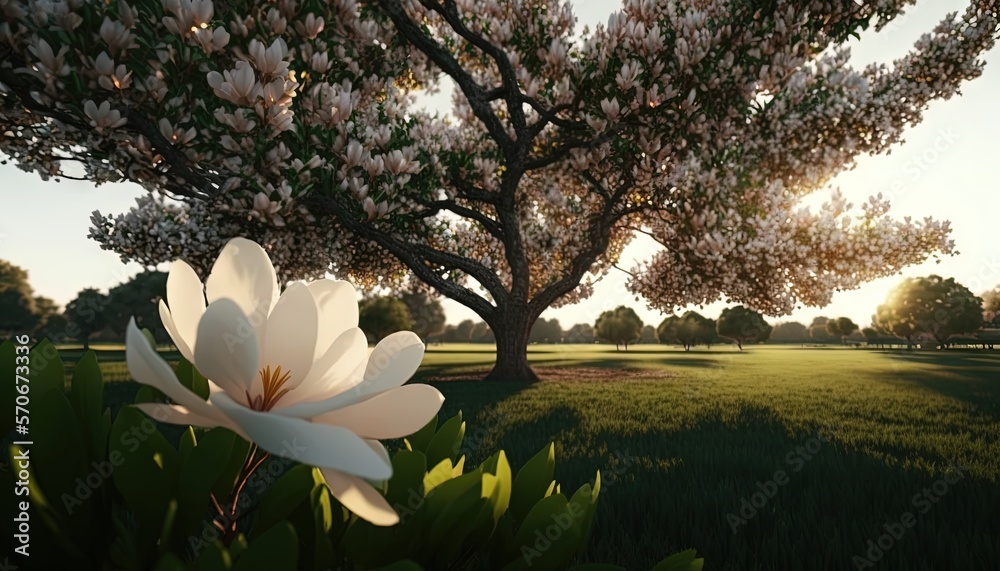  a large white flower sitting on top of a lush green field next to a tree filled with leaves and a l