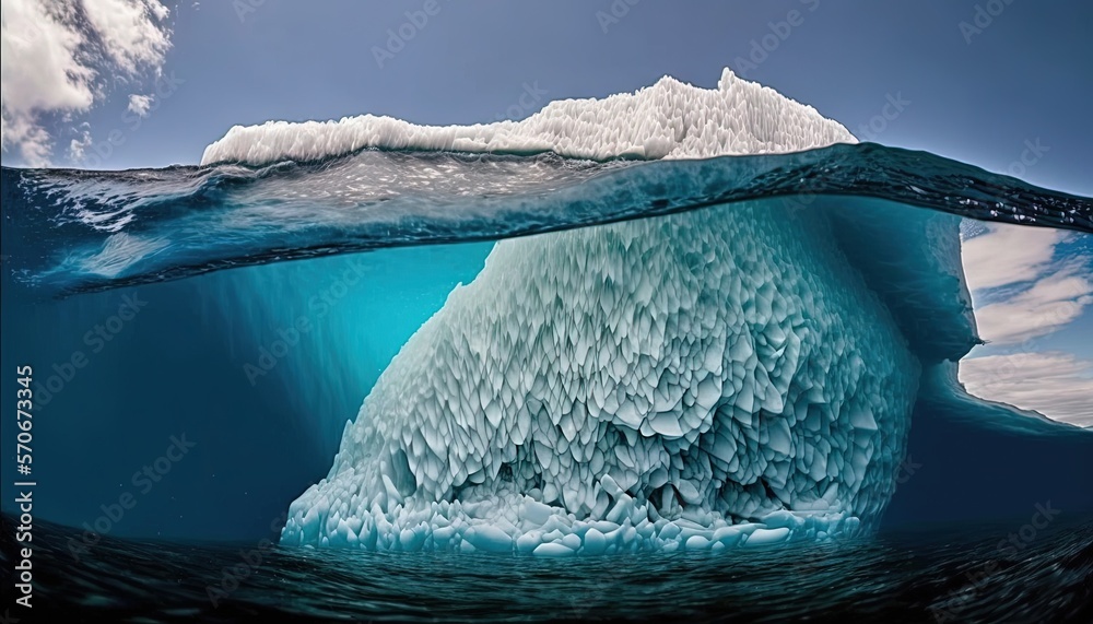  a large iceberg floating in the ocean under a blue sky with a few clouds above it and below it is a