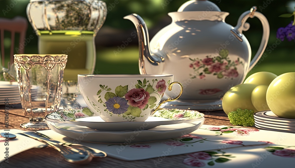  a tea set on a table with plates and cups and a tea pot and a vase with flowers on it and a plate w