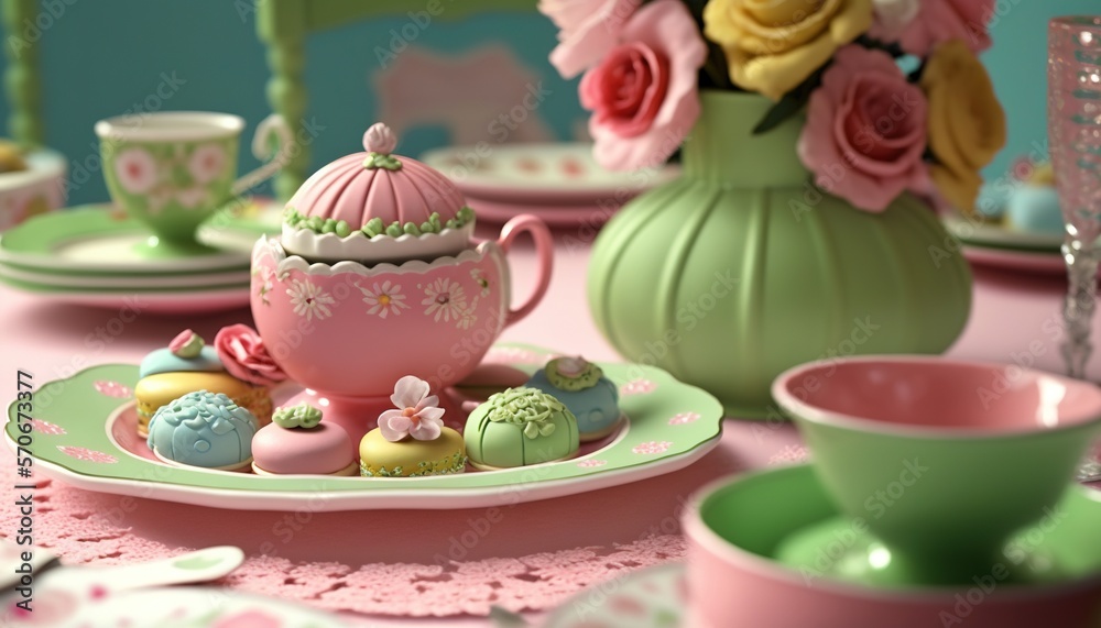  a pink table with a green tea pot and a pink tea cup and saucer and a green tea cup and saucer and 