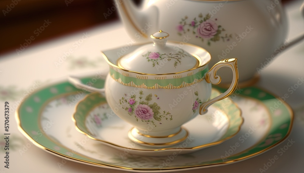  a tea pot and saucer sitting on a table with a plate and a cup on top of the saucer and saucer on t