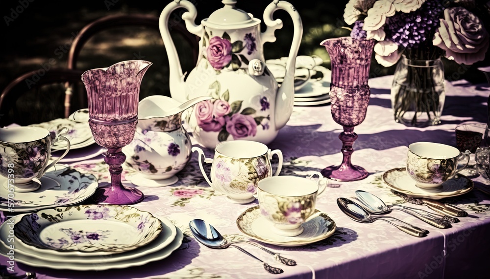  a table with a purple table cloth and a pink table cloth with a pink and white table cloth and a pi