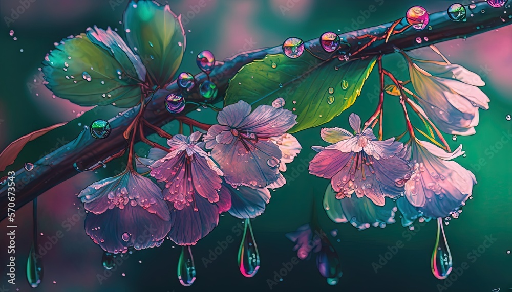  a painting of a branch with water drops on it and a bunch of flowers on the branch with drops of wa