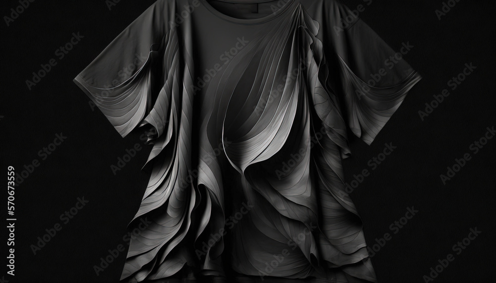  a black and white photo of a t - shirt on a hanger in a dark room with a black background and a bla