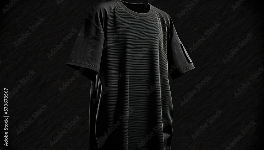  a black t - shirt with a pocket on a hanger on a black background with a shadow of a person standin