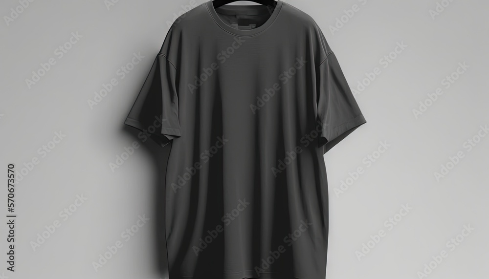  a black t - shirt hanging on a wall with a gray background and a white wall behind it with a black 