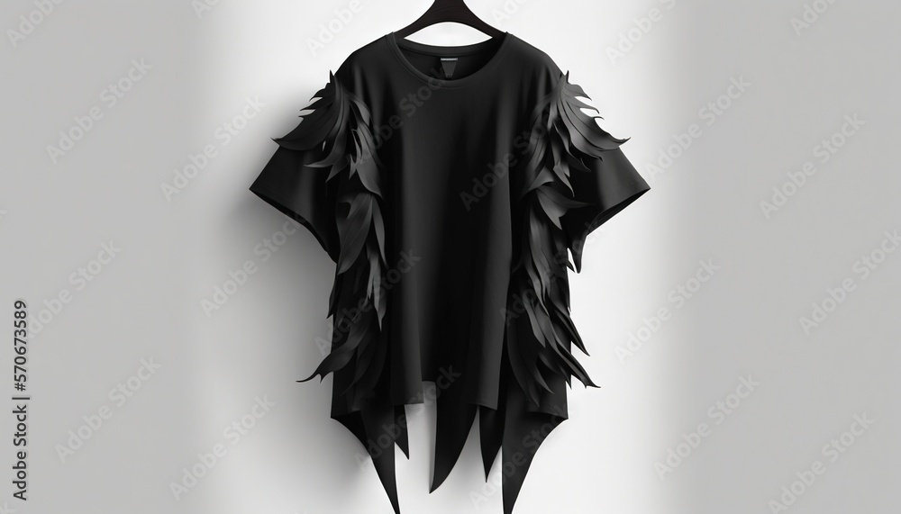  a black shirt hanging on a wall with a hanger on its side and a black shirt hanging on a wall with