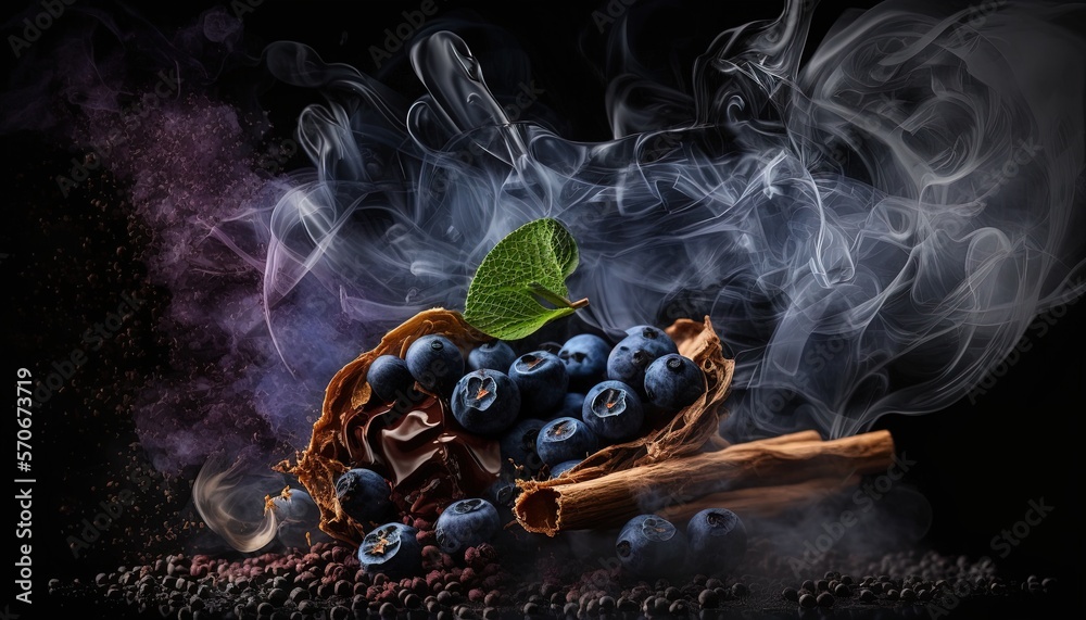  a pile of blueberries next to a pile of smoke and a green leaf on top of it on a black background w