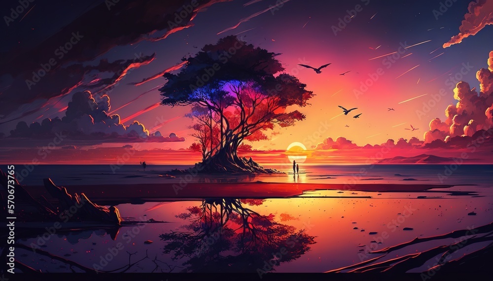  a painting of a sunset with a tree and a person standing in the water at the end of the sunset with