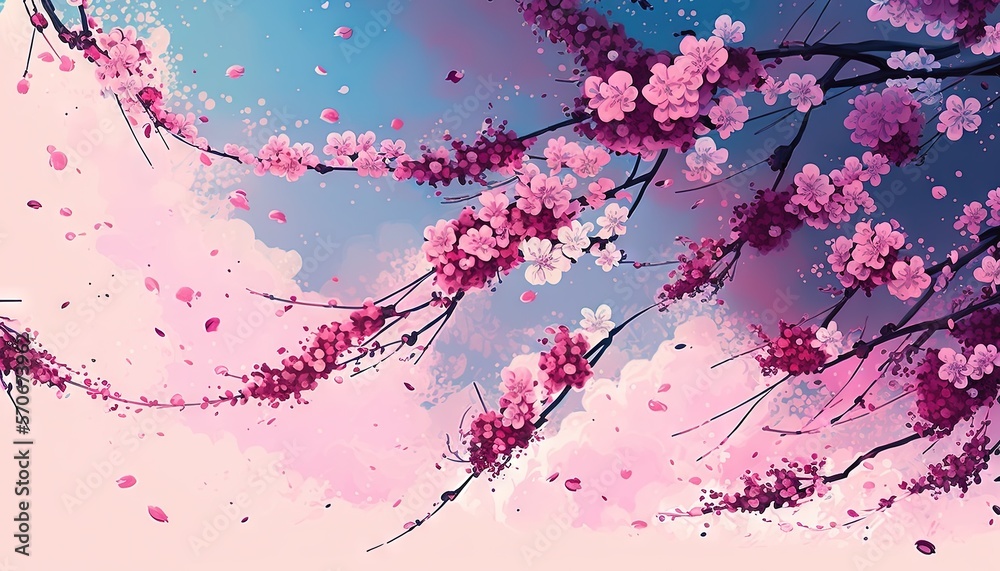  a painting of a tree with pink flowers on a blue sky background with pink and white clouds in the b