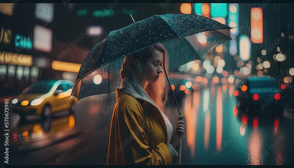  a woman standing in the rain holding an umbrella over her head and looking at a car on a city stree