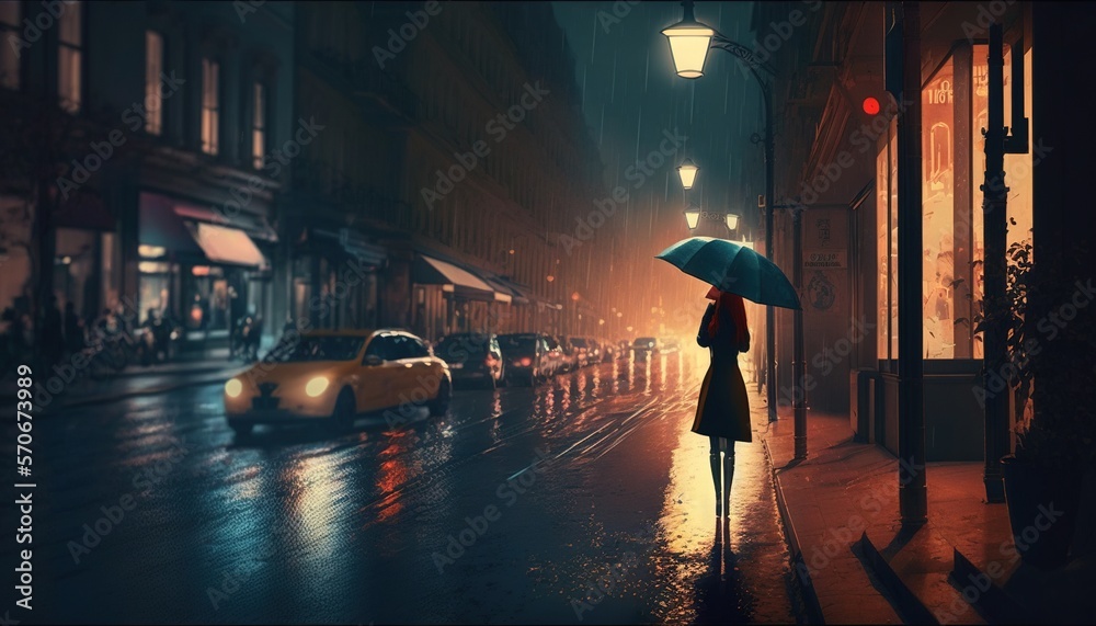  a woman holding an umbrella on a city street in the rain at night with a yellow car parked on the s