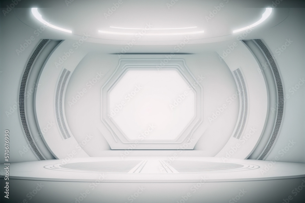 Futuristic stage in a spaceship showroom floor with copy space for product display mock up . White c