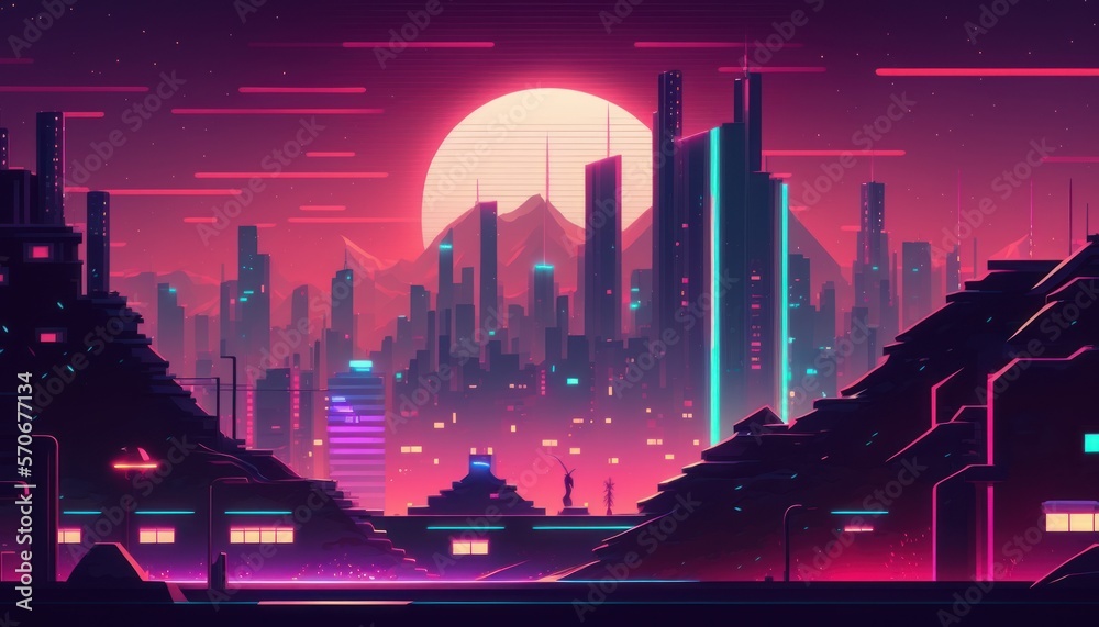 Low polygon, retrowave style, bokeh