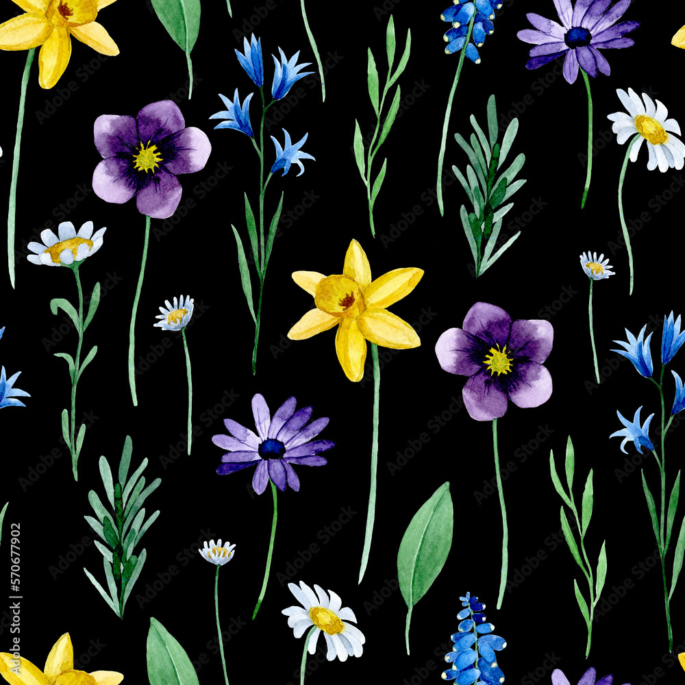 watercolor seamless pattern with wildflowers spring flowers on a dark background.