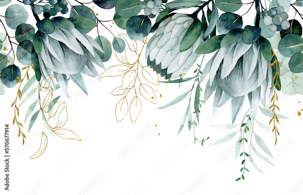 watercolor drawing. seamless border with tropical flowers and leaves. protea flowers and eucalyptus 