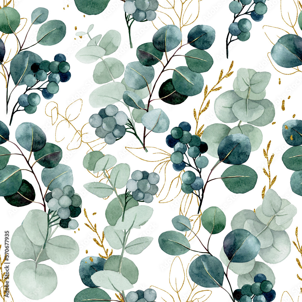 watercolor drawing. seamless pattern with eucalyptus leaves and golden elements. vintage print with 