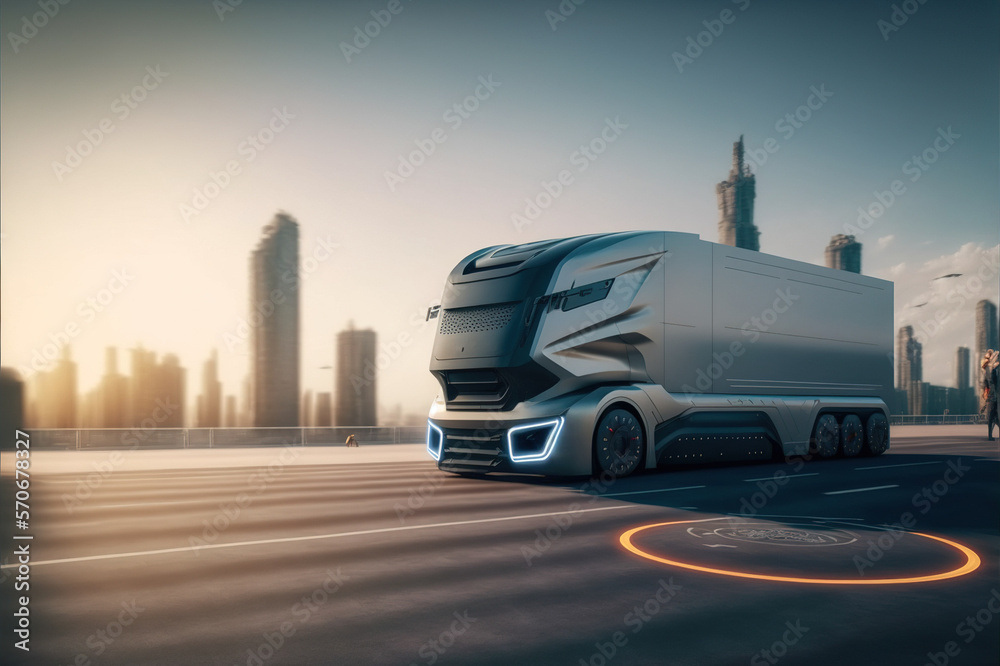 Self driving futuristic freight truck deliver goods to warehouse on city highway road with advanced 