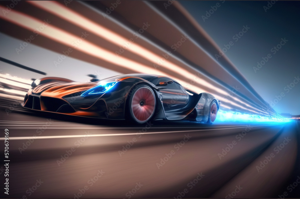 Speeding fast sports car drives on highway road with motion blur effects creating light trailing env