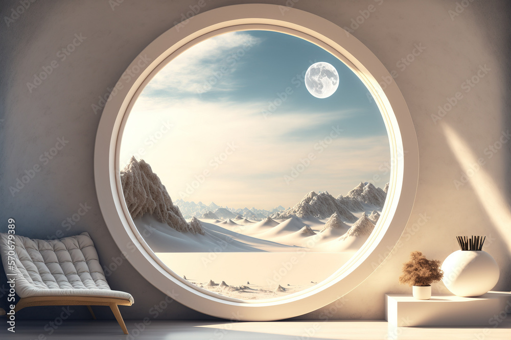 A room with round glass window overlooking beautiful landscape background . Hotel futuristic showroo