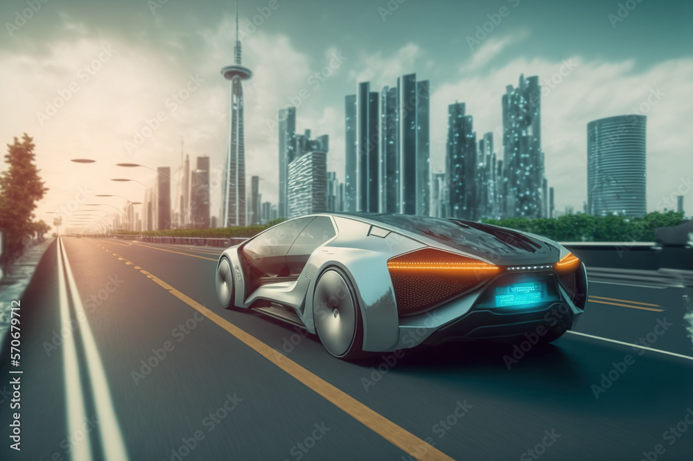 Fast electric car with luxury futuristic autonomous sensor software driving on road in downtown city