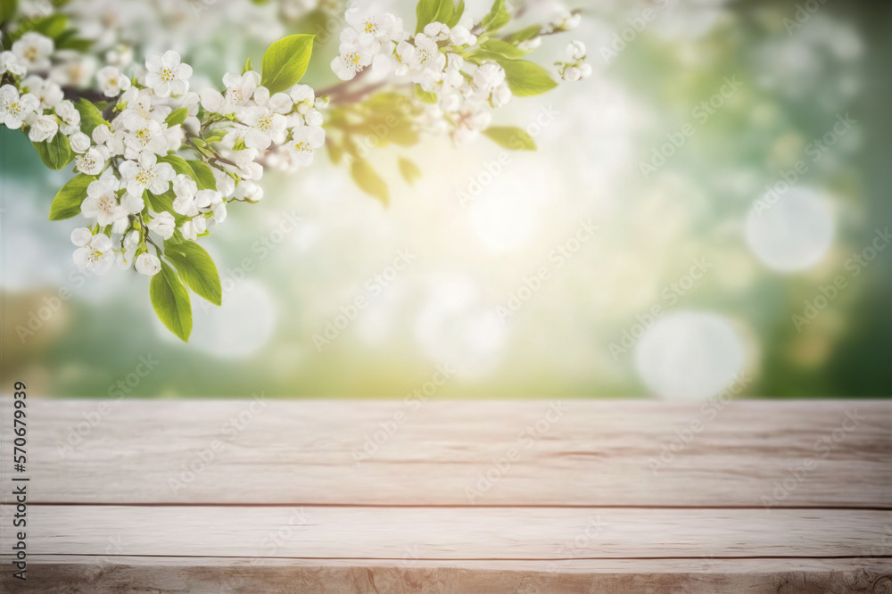 Empty table for product display with flower spring blur background . Sublime Generative AI image .