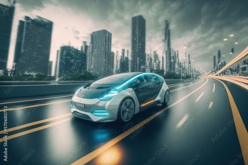 Fast electric car with luxury futuristic autonomous sensor software driving on road in downtown city