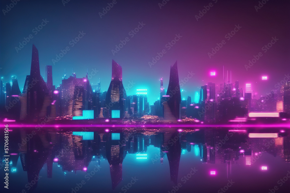 Futuristic city with neon light pink and blue illuminated skyline . Sublime Generative AI image .